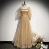 Victorian Style Champagne Dancing Prom Dresses 2020 A-Line / Princess Square Neckline Puffy 3/4 Sleeve Glitter Star Tulle Floor-Length / Long Ruffle Backless Formal Dresses