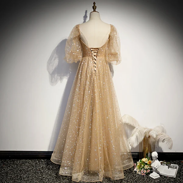 Style Victorien Champagne Dansant Robe De Bal 2020 Princesse Encolure Carrée Gonflée 3/4 Manches Glitter Étoile Tulle Longue Volants Dos Nu Robe De Ceremonie
