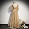 Victorian Style Champagne Dancing Prom Dresses 2020 A-Line / Princess Square Neckline Puffy 3/4 Sleeve Glitter Star Tulle Floor-Length / Long Ruffle Backless Formal Dresses