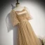 Style Victorien Champagne Dansant Robe De Bal 2020 Princesse Encolure Carrée Gonflée 3/4 Manches Glitter Étoile Tulle Longue Volants Dos Nu Robe De Ceremonie