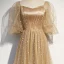 Style Victorien Champagne Dansant Robe De Bal 2020 Princesse Encolure Carrée Gonflée 3/4 Manches Glitter Étoile Tulle Longue Volants Dos Nu Robe De Ceremonie
