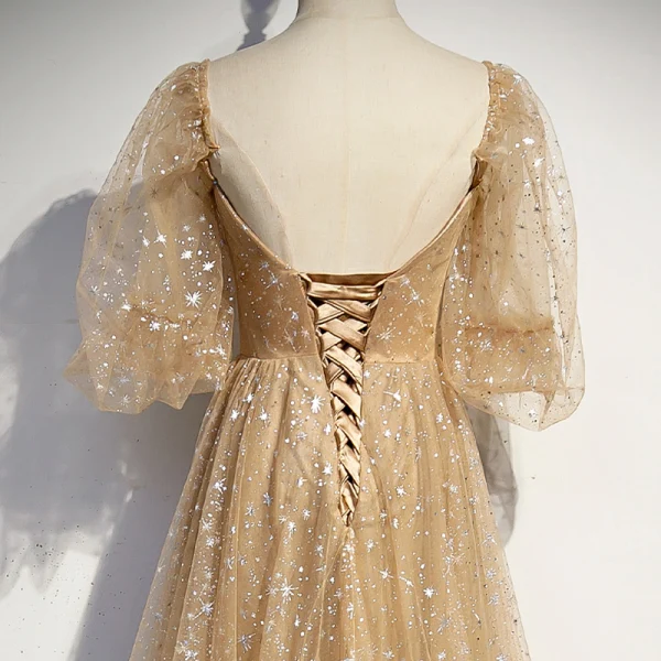 Style Victorien Champagne Dansant Robe De Bal 2020 Princesse Encolure Carrée Gonflée 3/4 Manches Glitter Étoile Tulle Longue Volants Dos Nu Robe De Ceremonie