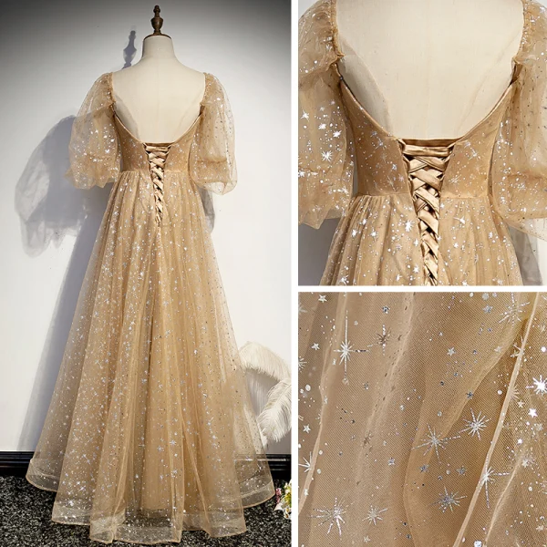 Style Victorien Champagne Dansant Robe De Bal 2020 Princesse Encolure Carrée Gonflée 3/4 Manches Glitter Étoile Tulle Longue Volants Dos Nu Robe De Ceremonie