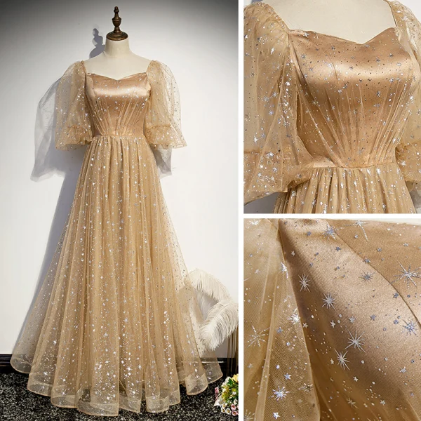 Style Victorien Champagne Dansant Robe De Bal 2020 Princesse Encolure Carrée Gonflée 3/4 Manches Glitter Étoile Tulle Longue Volants Dos Nu Robe De Ceremonie