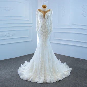 Luxury Gorgeous White See Through Bridal Wedding Dresses 2020 Trumpet Mermaid High Neck Long Sleeve Backless Handmade Beading Pearl Sweep Train Ruffle