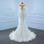 Luxe Blanche Transparentes La Mariée Robe De Mariée 2020 Trompette / Sirène Col Haut Manches Longues Dos Nu Fait main Perlage Perle Train De Balayage Volants