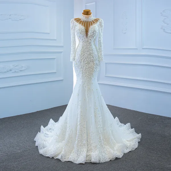 Luxury / Gorgeous White See-through Bridal Wedding Dresses 2020 Trumpet / Mermaid High Neck Long Sleeve Backless Handmade  Beading Pearl Sweep Train Ruffle