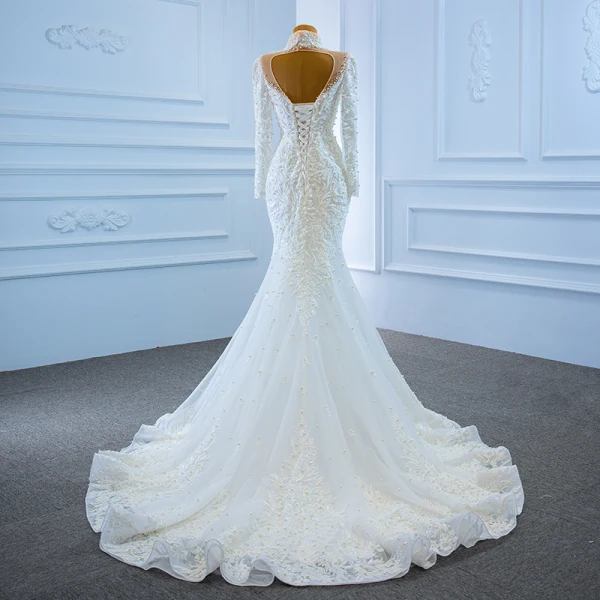 Luxe Blanche Transparentes La Mariée Robe De Mariée 2020 Trompette / Sirène Col Haut Manches Longues Dos Nu Fait main Perlage Perle Train De Balayage Volants
