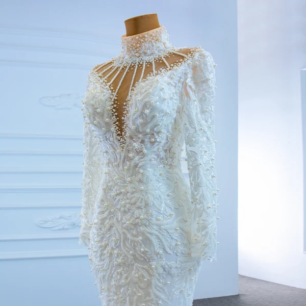 Luxe Blanche Transparentes La Mariée Robe De Mariée 2020 Trompette / Sirène Col Haut Manches Longues Dos Nu Fait main Perlage Perle Train De Balayage Volants