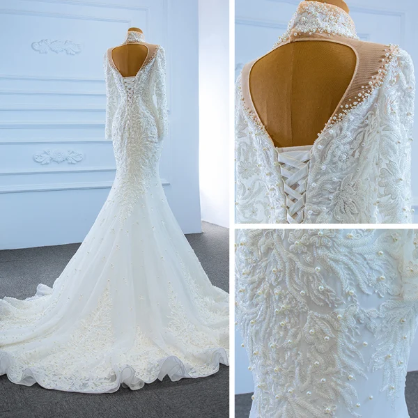 Luxe Blanche Transparentes La Mariée Robe De Mariée 2020 Trompette / Sirène Col Haut Manches Longues Dos Nu Fait main Perlage Perle Train De Balayage Volants