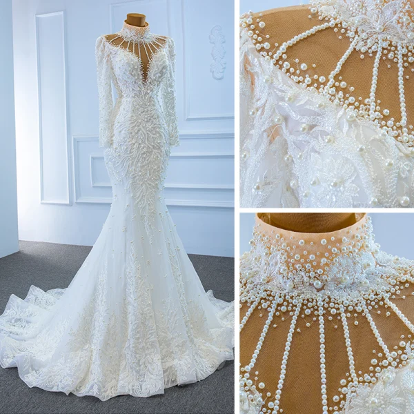 Luxe Blanche Transparentes La Mariée Robe De Mariée 2020 Trompette / Sirène Col Haut Manches Longues Dos Nu Fait main Perlage Perle Train De Balayage Volants