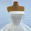 Luxury / Gorgeous White Satin Bridal Wedding Dresses 2020 Ball Gown Strapless Sleeveless Backless Handmade  Beading Pearl Chapel Train Ruffle