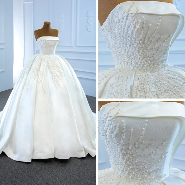 Luxe Blanche Satin La Mariée Robe De Mariée 2020 Robe Boule Bustier Sans Manches Dos Nu Fait main Perlage Perle Chapel Train Volants