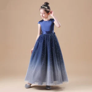 Ciel Étoilé Bleu Marine Robe Ceremonie Fille 2020 Princesse Encolure Dégagée Sans Manches Noeud Ceinture Étoile Paillettes Longue Volants
