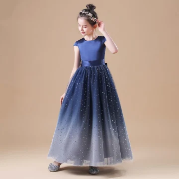 Starry Sky Navy Blue Flower Girl Dresses 2020 A Line Princess Scoop Neck Sleeveless Bow Sash Star Sequins Floor Length Long Ruffle