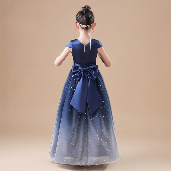 Ciel étoilé Bleu Marine Robe Ceremonie Fille 2020 Princesse Encolure Dégagée Sans Manches Noeud Ceinture Étoile Paillettes Longue Volants