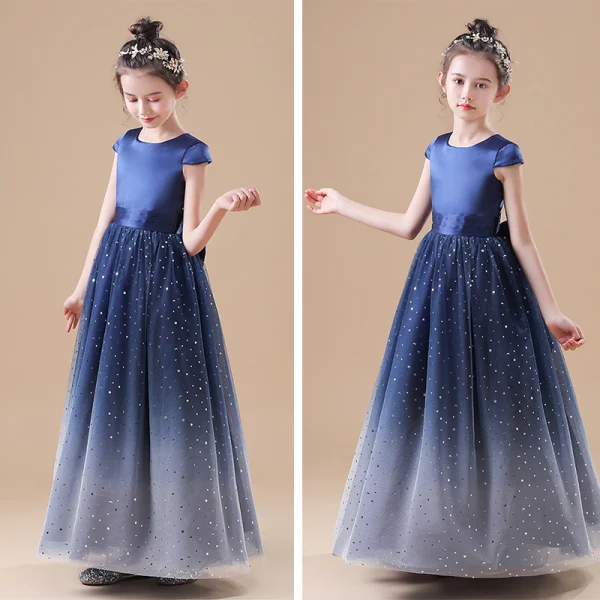 Ciel étoilé Bleu Marine Robe Ceremonie Fille 2020 Princesse Encolure Dégagée Sans Manches Noeud Ceinture Étoile Paillettes Longue Volants