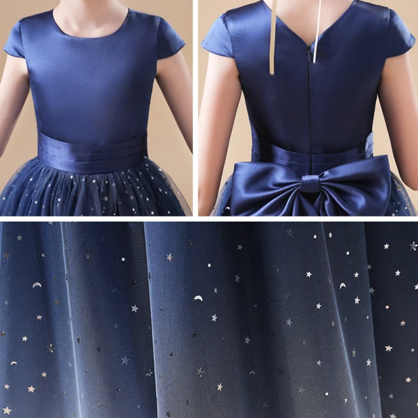 Ciel étoilé Bleu Marine Robe Ceremonie Fille 2020 Princesse Encolure Dégagée Sans Manches Noeud Ceinture Étoile Paillettes Longue Volants