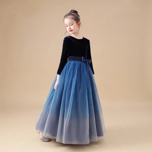Modest Simple Navy Blue Velour Winter Flower Girl Dresses 2020 A Line Princess Scoop Neck Long Sleeve Bow Sash Floor Length Long Ruffle