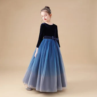 Simple Bleu Marine Velour Hiver Robe Ceremonie Fille 2020 Princesse Encolure Dégagée Manches Longues Noeud Ceinture Longue Volants