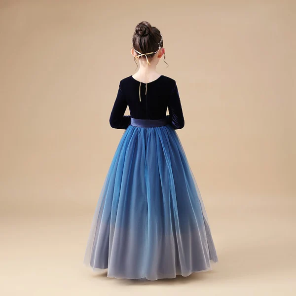 Modest / Simple Navy Blue Velour Winter Flower Girl Dresses 2020 A-Line / Princess Scoop Neck Long Sleeve Bow Sash Floor-Length / Long Ruffle