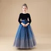 Modest / Simple Navy Blue Velour Winter Flower Girl Dresses 2020 A-Line / Princess Scoop Neck Long Sleeve Bow Sash Floor-Length / Long Ruffle