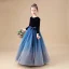 Modest / Simple Navy Blue Velour Winter Flower Girl Dresses 2020 A-Line / Princess Scoop Neck Long Sleeve Bow Sash Floor-Length / Long Ruffle