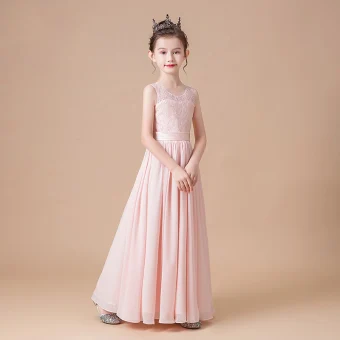 Elegant Pearl Pink Chiffon Wedding Flower Girl Dresses 2020 Sheath Fit Scoop Neck Sleeveless Sash Floor Length Long Ruffle