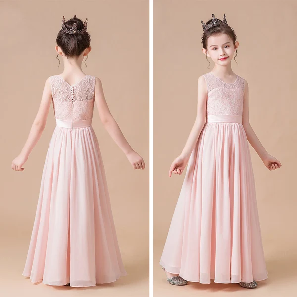 Elegante Parel Roze Chiffon Huwelijk Bloemenmeisjes Jurken 2020 Schede / Fit Ronde Hals Mouwloos Gordel Lange Ruche