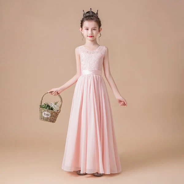 Elegante Parel Roze Chiffon Huwelijk Bloemenmeisjes Jurken 2020 Schede / Fit Ronde Hals Mouwloos Gordel Lange Ruche