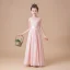Elegante Parel Roze Chiffon Huwelijk Bloemenmeisjes Jurken 2020 Schede / Fit Ronde Hals Mouwloos Gordel Lange Ruche