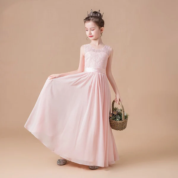Elegante Parel Roze Chiffon Huwelijk Bloemenmeisjes Jurken 2020 Schede / Fit Ronde Hals Mouwloos Gordel Lange Ruche