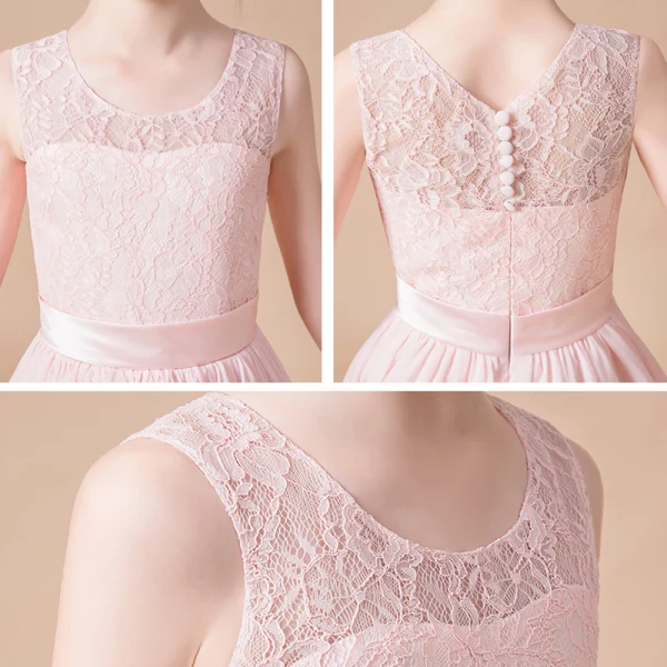 Elegante Parel Roze Chiffon Huwelijk Bloemenmeisjes Jurken 2020 Schede / Fit Ronde Hals Mouwloos Gordel Lange Ruche