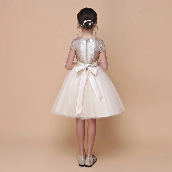 Sparkly Champagne Sequins Flower Girl Dresses 2020 Ball Gown Scoop Neck Short Sleeve Sash Short Ruffle