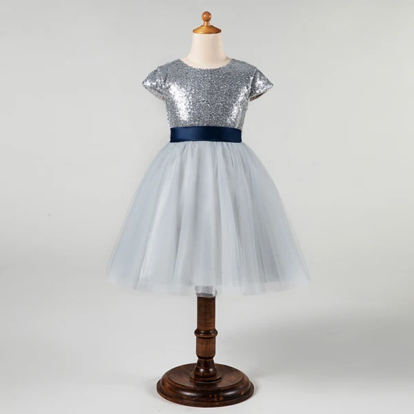 Sparkly Champagne Sequins Flower Girl Dresses 2020 Ball Gown Scoop Neck Short Sleeve Sash Short Ruffle