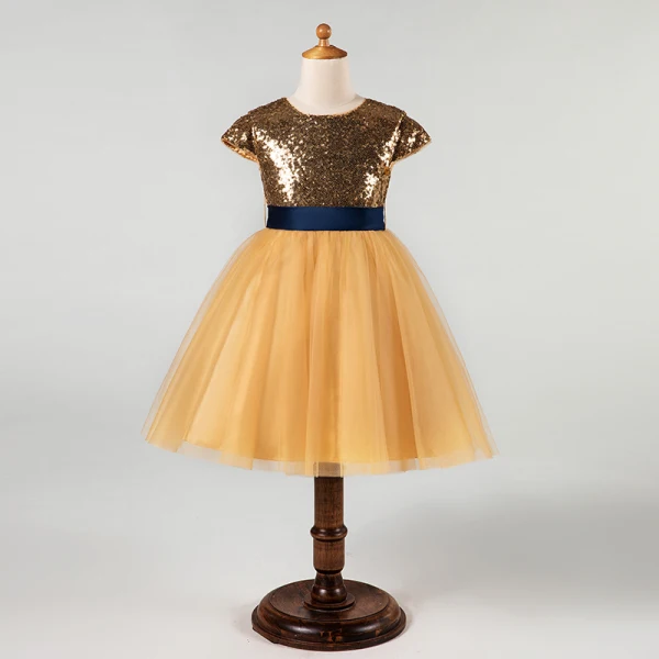 Sparkly Champagne Sequins Flower Girl Dresses 2020 Ball Gown Scoop Neck Short Sleeve Sash Short Ruffle