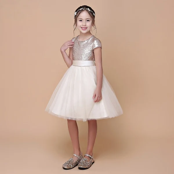 Sparkly Champagne Sequins Flower Girl Dresses 2020 Ball Gown Scoop Neck Short Sleeve Sash Short Ruffle