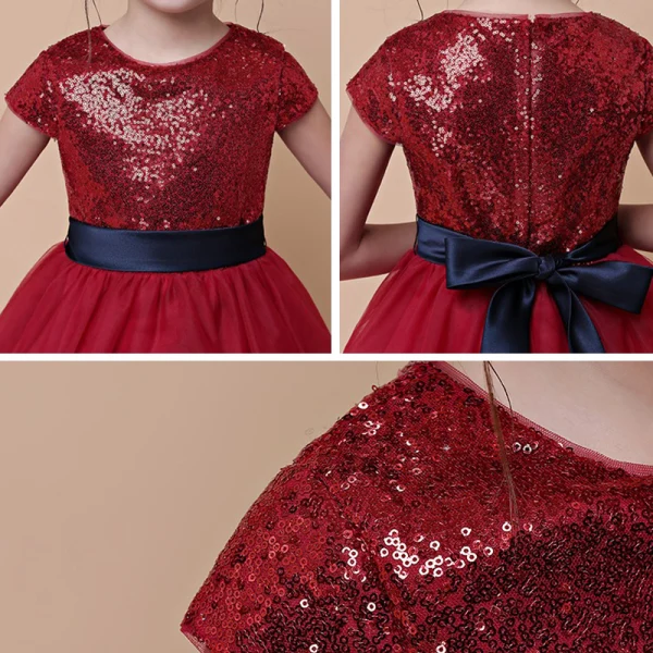 Sparkly Champagne Sequins Flower Girl Dresses 2020 Ball Gown Scoop Neck Short Sleeve Sash Short Ruffle