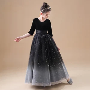 Chic Belle Noire Velour Robe Ceremonie Fille 2020 Princesse V Cou 1 2 Manches Ceinture Étoile Paillettes Longue Volants