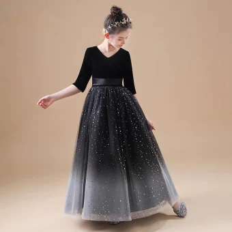 Chic Beautiful Black Velour Flower Girl Dresses 2020 Princess V Neck 1 2 Sleeves Sash Star Sequins Floor Length Long Ruffle