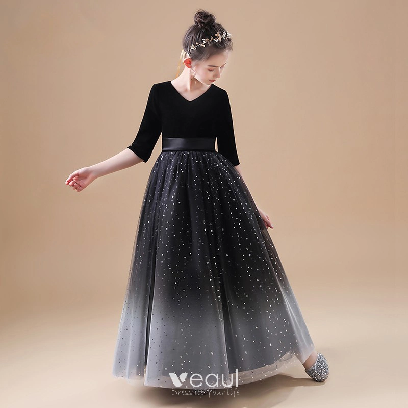 black formal girls dress Black Flower Girl Dress with Gold Bowknot