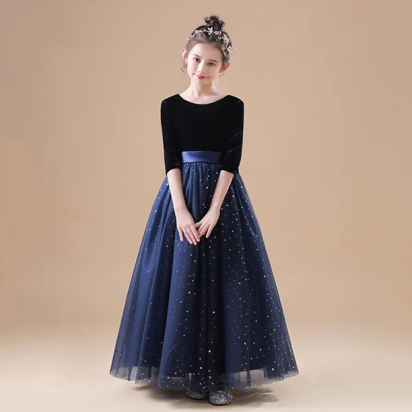 Chic / Beautiful Black Velour Flower Girl Dresses 2020 Princess V-Neck 1/2 Sleeves Sash Star Sequins Floor-Length / Long Ruffle