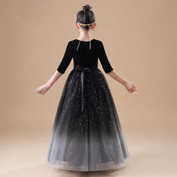 Chic / Beautiful Black Velour Flower Girl Dresses 2020 Princess V-Neck 1/2 Sleeves Sash Star Sequins Floor-Length / Long Ruffle
