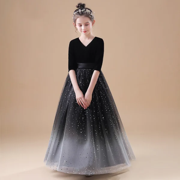 Chic / Beautiful Black Velour Flower Girl Dresses 2020 Princess V-Neck 1/2 Sleeves Sash Star Sequins Floor-Length / Long Ruffle