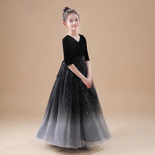 Chic / Beautiful Black Velour Flower Girl Dresses 2020 Princess V-Neck 1/2 Sleeves Sash Star Sequins Floor-Length / Long Ruffle