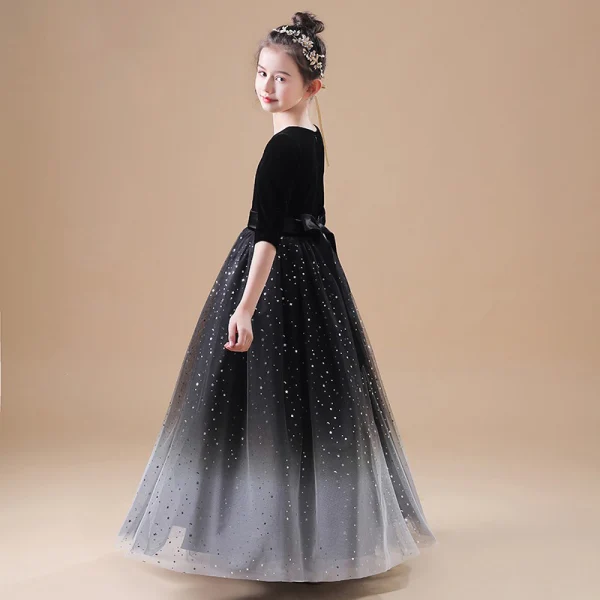 Chic / Beautiful Black Velour Flower Girl Dresses 2020 Princess V-Neck 1/2 Sleeves Sash Star Sequins Floor-Length / Long Ruffle