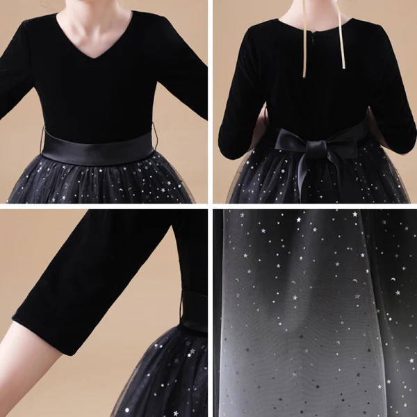 Chic / Beautiful Black Velour Flower Girl Dresses 2020 Princess V-Neck 1/2 Sleeves Sash Star Sequins Floor-Length / Long Ruffle