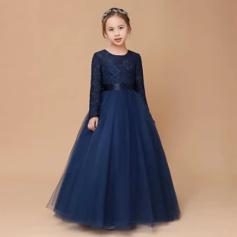 Musulmane Bleu Marine Dentelle Hiver Robe Ceremonie Fille 2020 Princesse Encolure Dégagée Manches Longues Ceinture Longue Volants