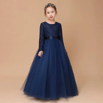Musulmane Bleu Marine Dentelle Hiver Robe Ceremonie Fille 2020 Princesse Encolure Dégagée Manches Longues Ceinture Longue Volants