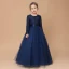 Muslim Navy Blue Lace Winter Flower Girl Dresses 2020 A-Line / Princess Scoop Neck Long Sleeve Sash Floor-Length / Long Ruffle